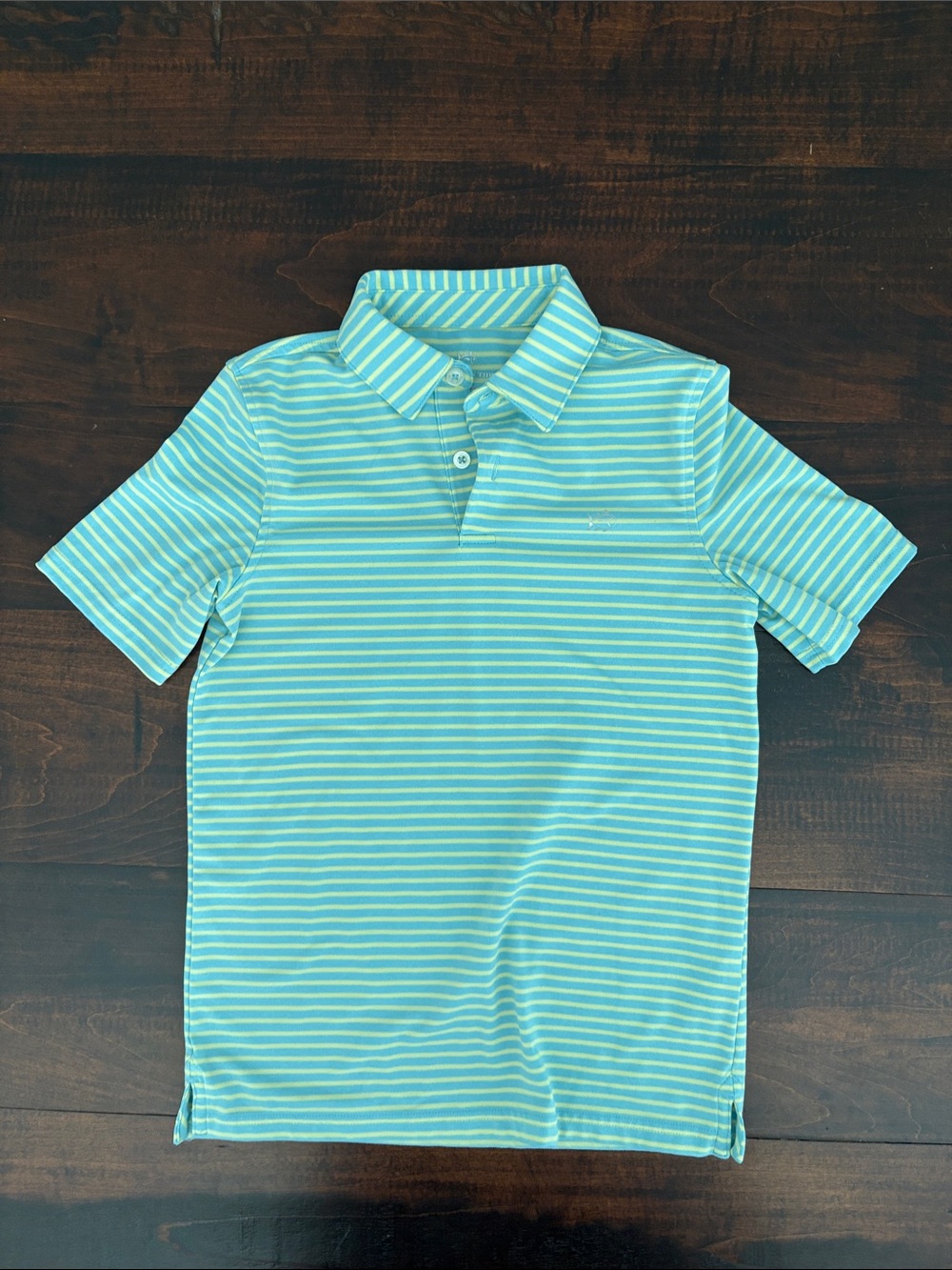 Southern Tide Aqua and Yellow Striped Polo, Medium, Like New.